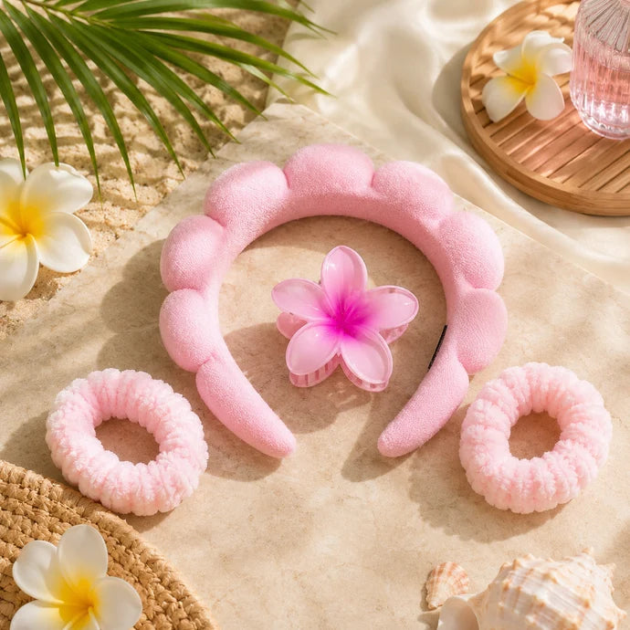 Kit Beauté Cheveux – Serre-Tête, Pince Fleur & Chouchous – 4 Accessoires