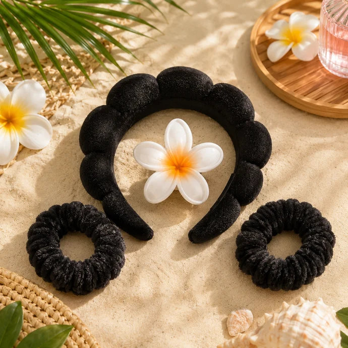 Kit Beauté Cheveux – Serre-Tête, Pince Fleur & Chouchous – 4 Accessoires