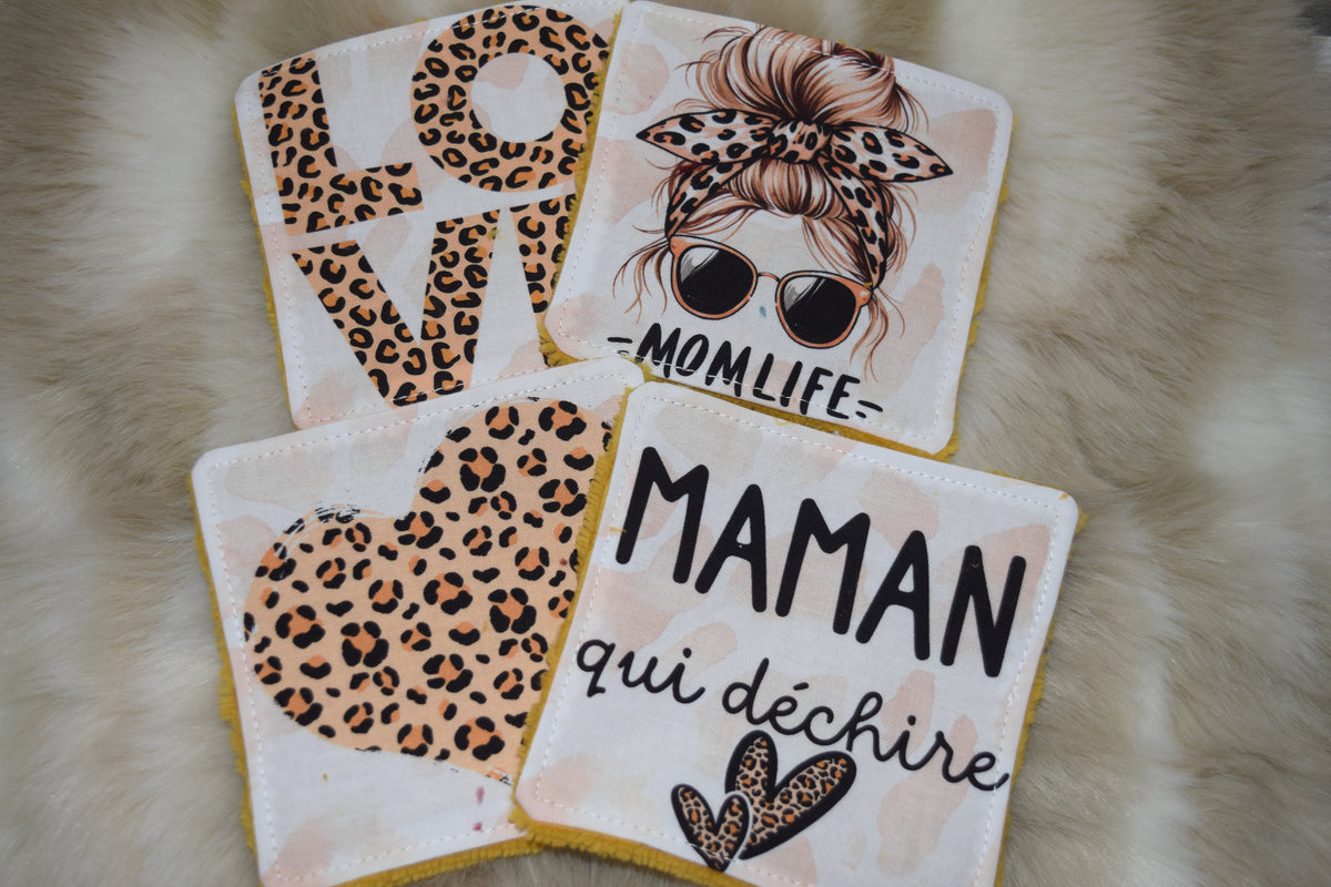 Lot de 4 lingettes lavables réutilisables « Maman qui déchire » – Motifs léopard