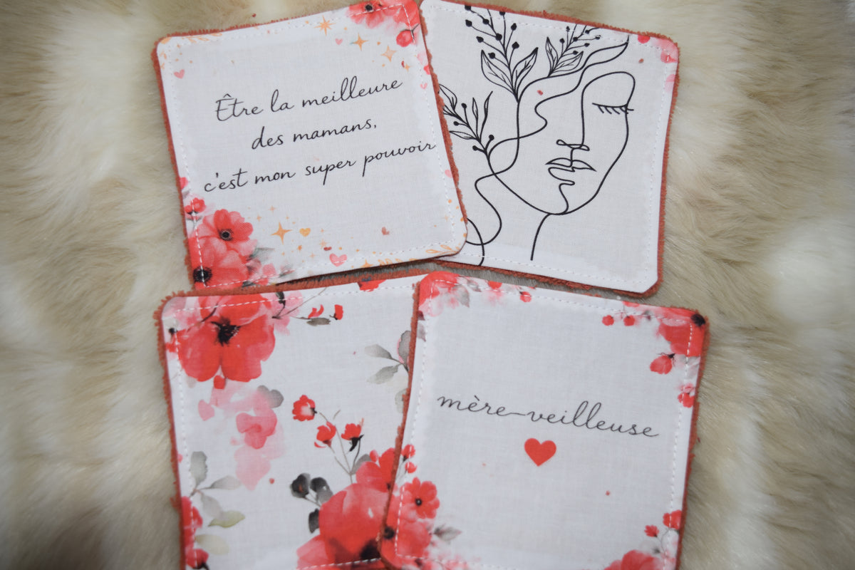 Lot de 4 lingettes lavables réutilisables « Mère-veilleuse »